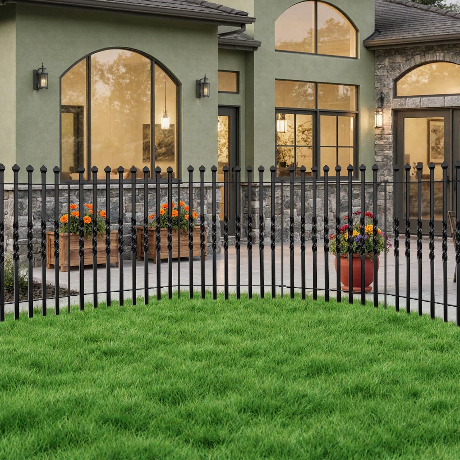 10 Panels Decorative Garden Fence, 32in(H)×24Ft(L) Heavy Duty Twist Outdoor Dog Fence Rustproof Metal Square Tube No