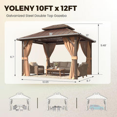 10' x 12' Gazebo Hardtop with Aluminum Frame,Galvanized Steel Double Roof Gazebos with Curtain and Netting,Outdoor Metal Pergolas for Garden, Lawn, Deck, Brown