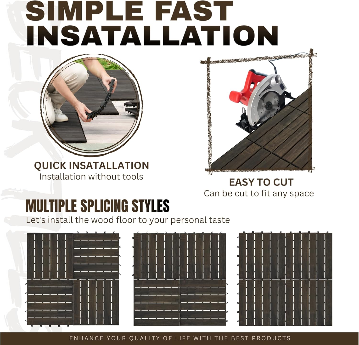 10 Pack of Interlocking Deck Tiles Striped Pattern, 12" x 12" Dark Brown Square Acacia Hardwood Outdoor Flooring for Patio, Bancony, Pool Side,...