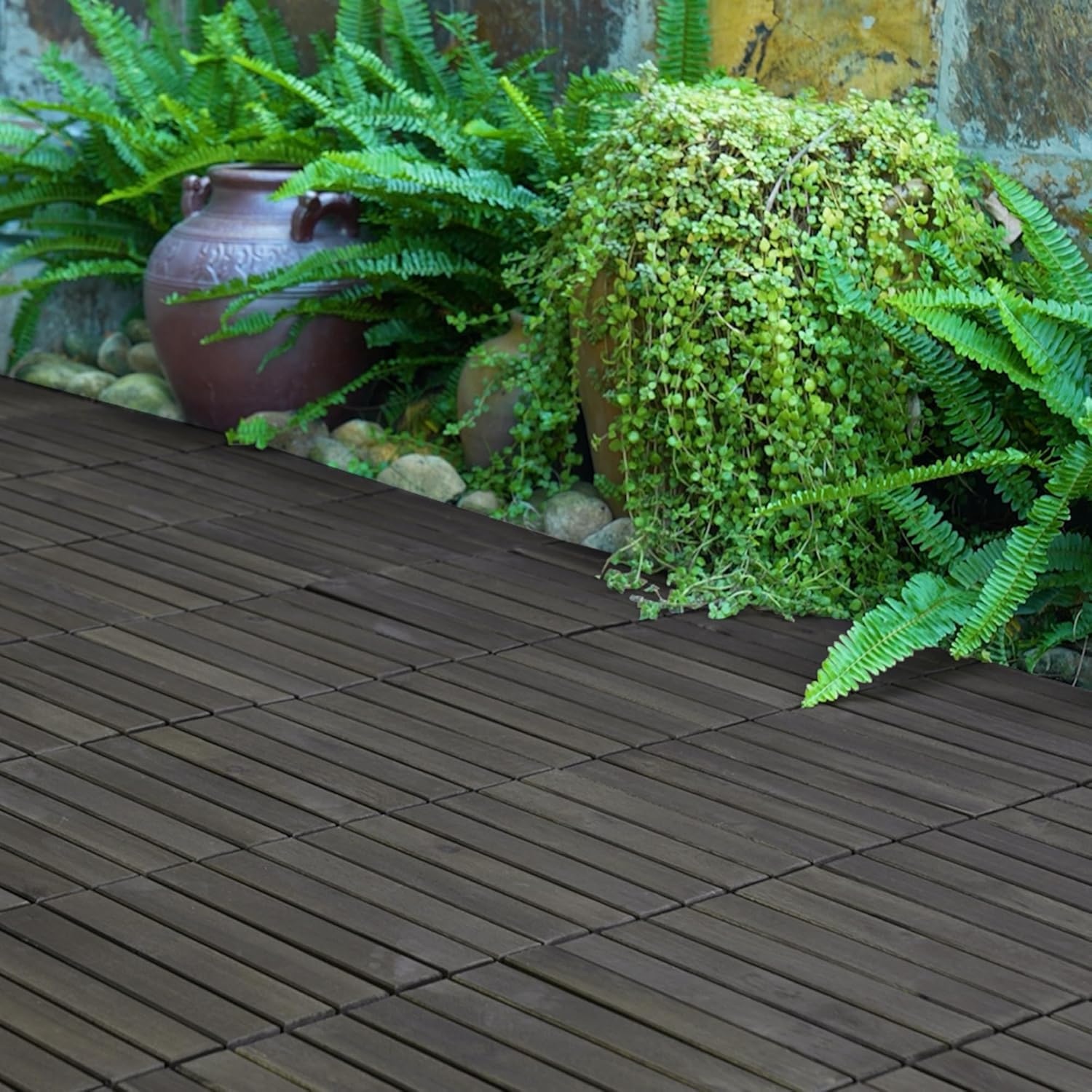 10 Pcs Outdoor Interlocking Deck Tiles, 12"x12" Acacia Wood Tiles for Patio, Porch, Balcony & Poolside, Striped