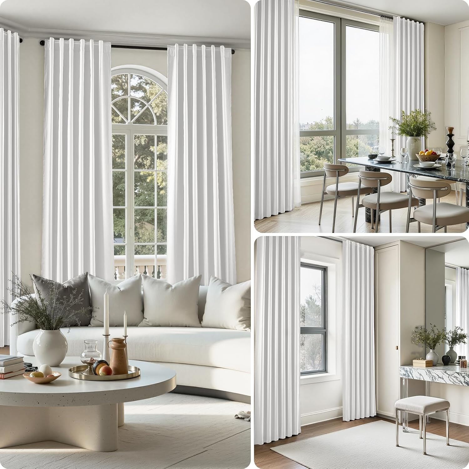 100% Blackout Faux Silk Curtains,Greyish White Noise Reduction Thermal Insulated Room Darkening Window Drapes, Luxury (2 Panels)