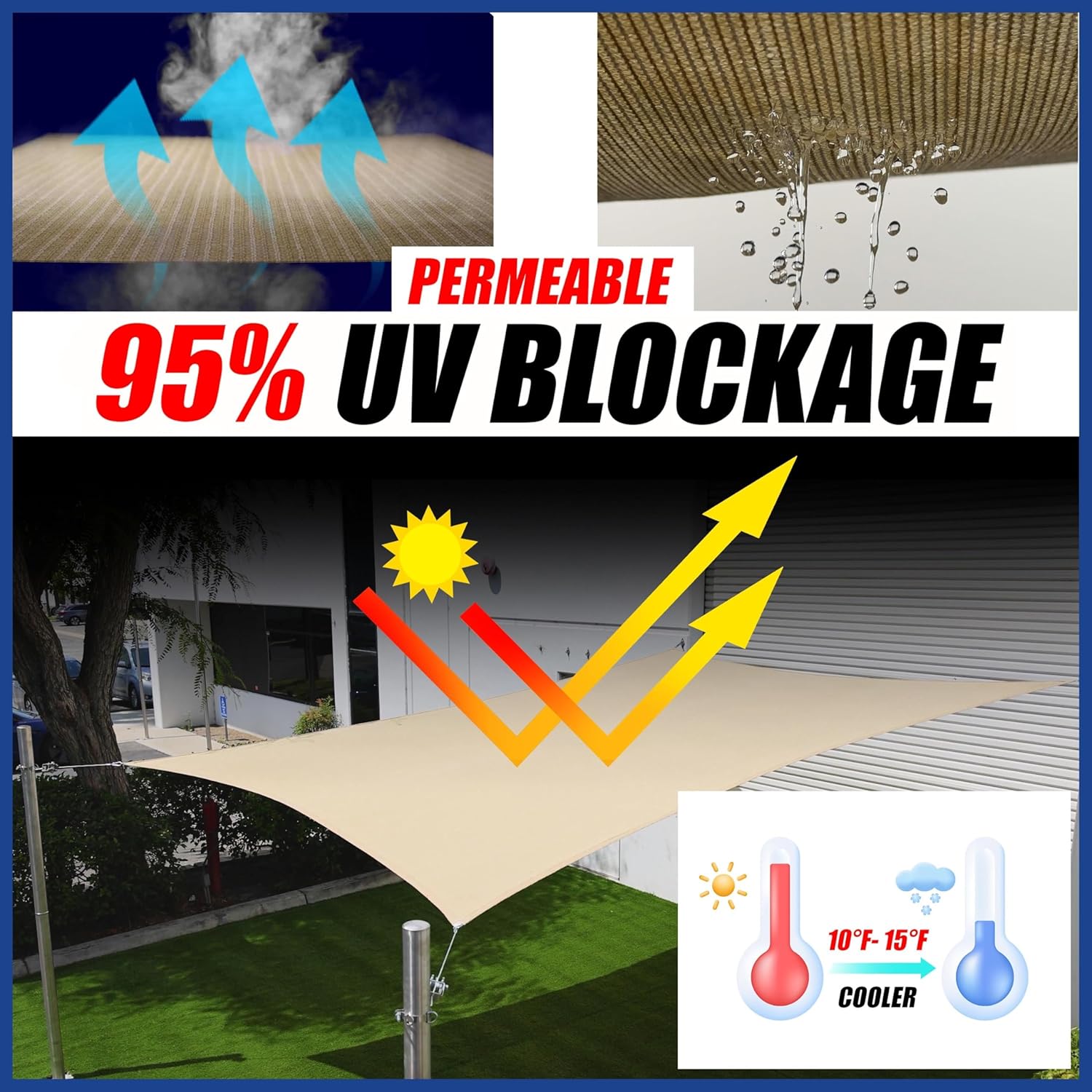 10' x 20' Grey Sun Shade Sail UPF50 Rectangle Canopy Fabric Cloth Screen smTAPR1020, Water and Air Permeable & UV