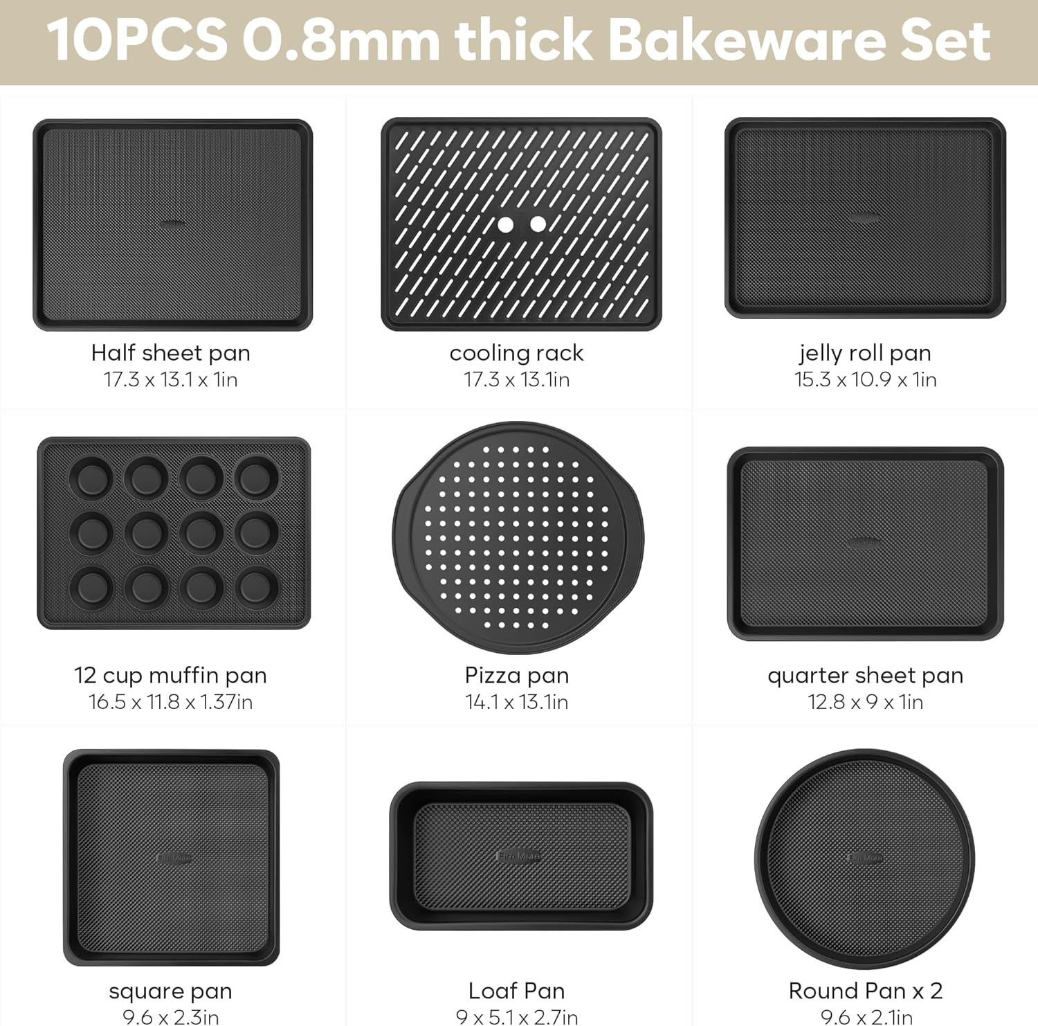 10-Piece Nonstick Bakeware Set, 0.8MM Thick Carbon Steel Pan Set for Oven with Cookie Sheet, Muffin Pan, Pizza Pan
