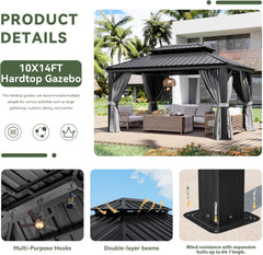 10' X 14' Hardtop Gazebo with Drainage System, Aluminum Outdoor Gazebo with Galvanized Steel Double Roof