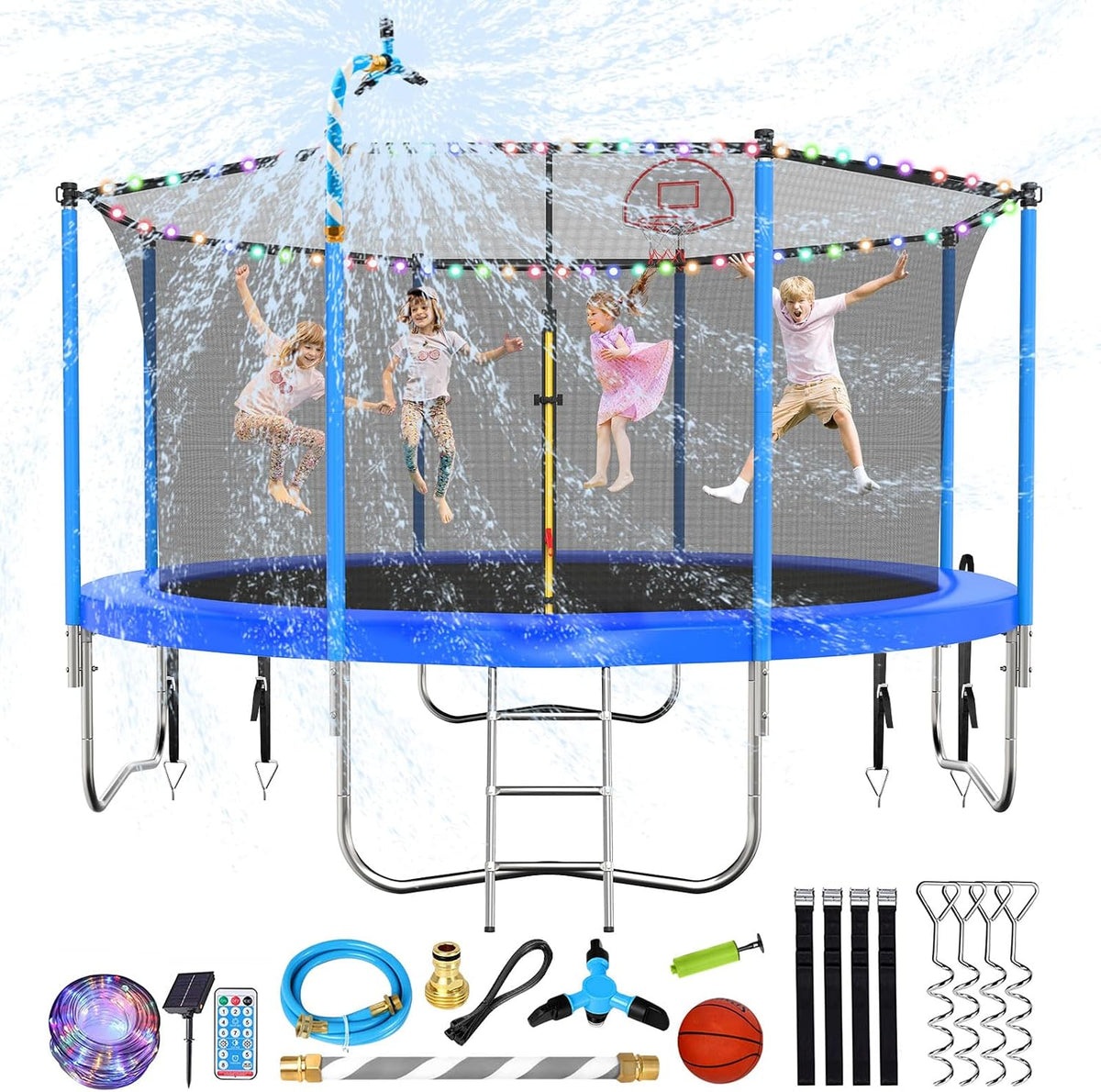 10 12 14 16FT Trampoline Outdoor, Light/Sprinkler/Basketball Hoop | Large Recreational Trampoline for Kids and