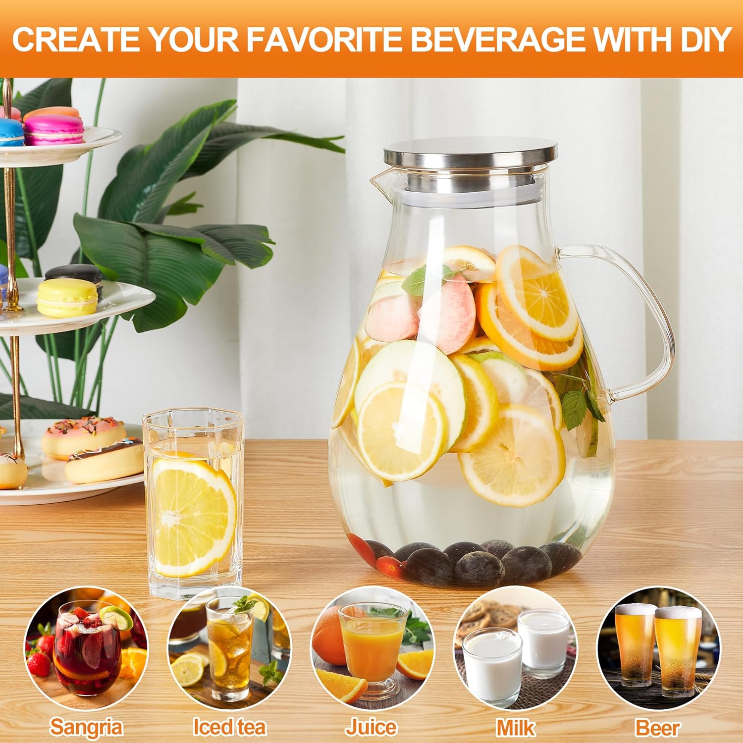 1 Gallon Glass Pitcher with Lid and Handle, Hot & Cold Water Jug, Extra-Wide Mouth Beverage Carafe for Juice, Iced