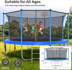 10 12 14 16FT Trampoline Outdoor, Light/Sprinkler/Basketball Hoop | Large Recreational Trampoline for Kids and