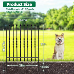 10 Panels Decorative Garden Fence, 32in(H)×24Ft(L) Heavy Duty Twist Outdoor Dog Fence Rustproof Metal Square Tube No