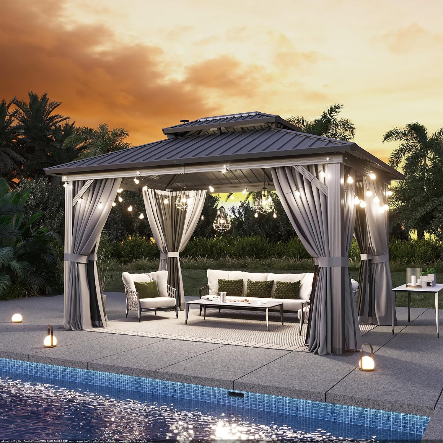 10'x14' Hardtop Gazebo, Metal Frame Canopy with Double Galvanized Steel Roof, Outdoor Metal Pavilion with Netting