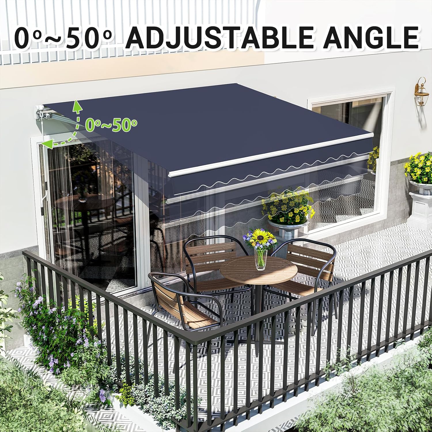 10'x8' Patio Manual Retractable Awning Fully Assembled, Blue | Aluminum Frame, 280G Polyester, Water-Resistant