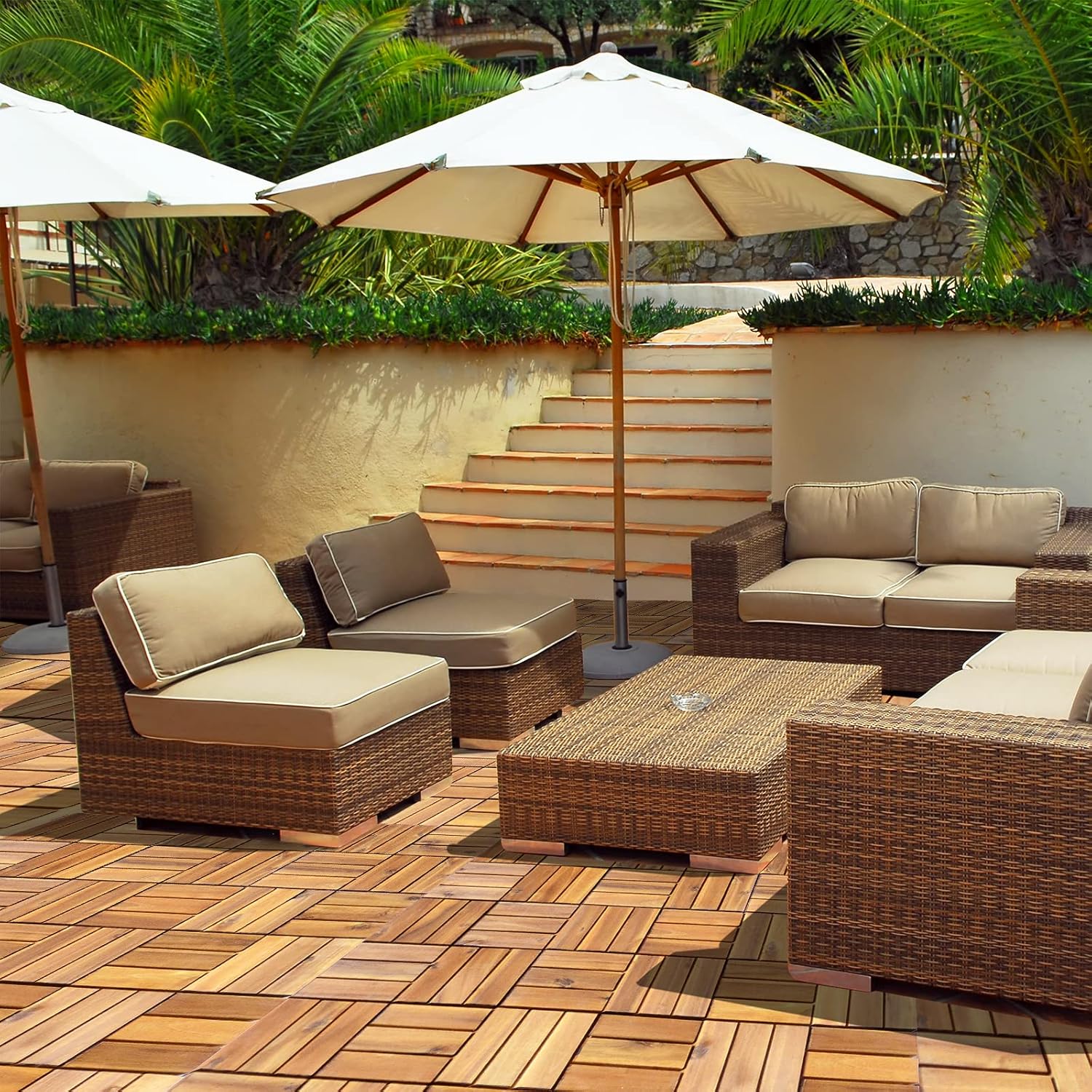 10 PCS Interlocking Patio Deck Tiles, 12 x 12in Acacia Hardwood Outdoor Flooring Tiles, 10 sq.ft Wood Composite Deck