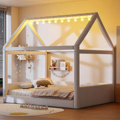 & Bright Designs Full Size Upholstered House Bed for Kids, Montessori Floor Bed with LED Light Strips, House Floor