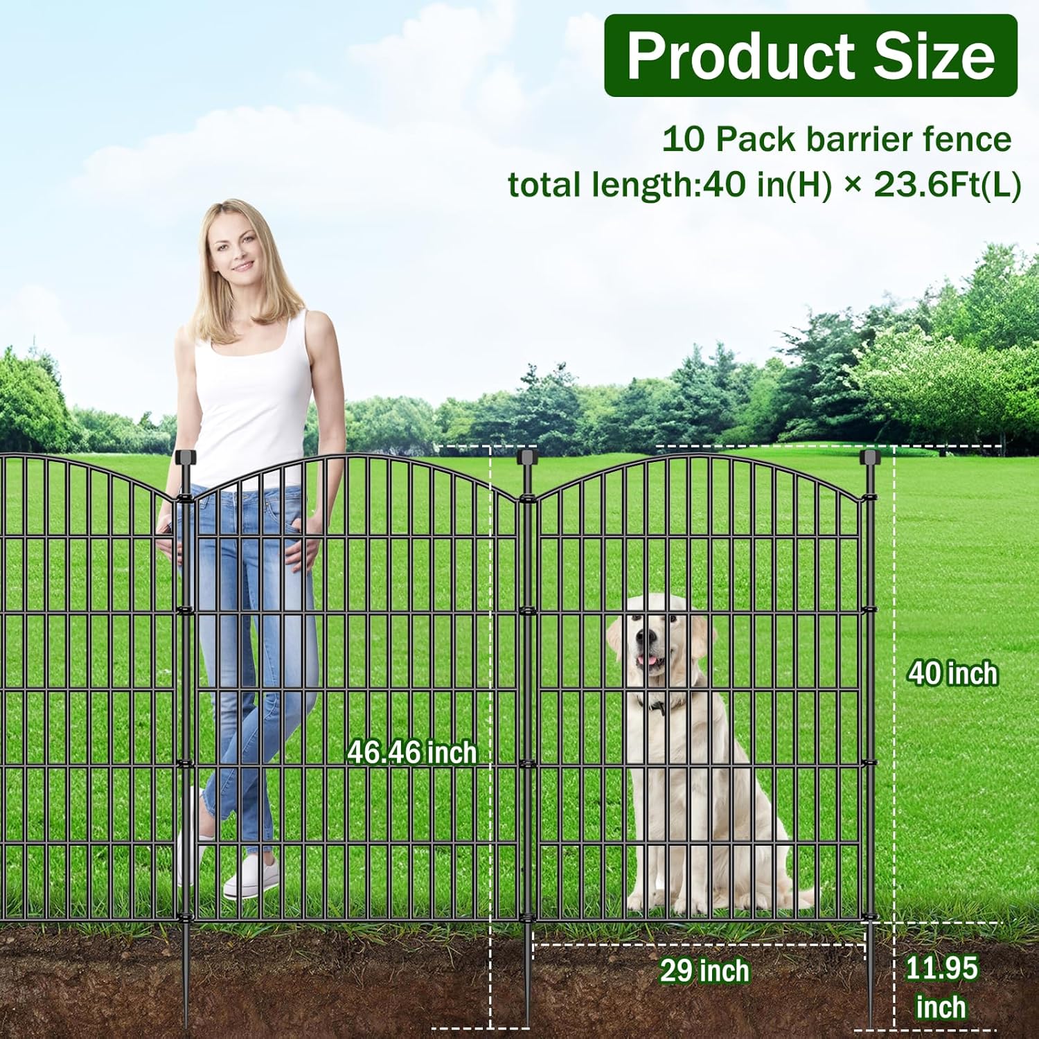 10 Panels No Dig Decorative Garden Fence - 40 in (H) x 23.6 ft (L), Dog Fence Outdoor for Yard,Rustproof Metal Animal
