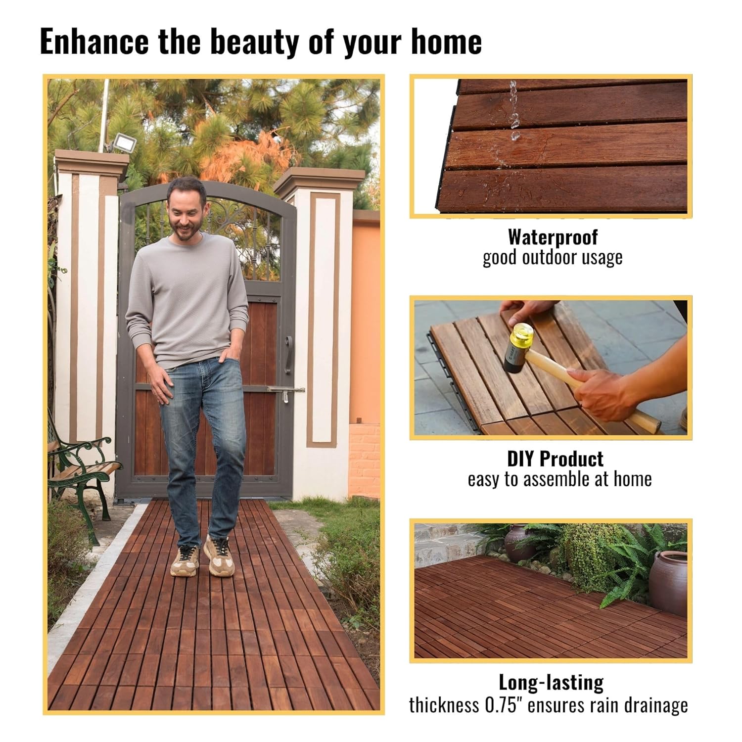 10 Pcs Acacia Wood Interlocking Deck Tiles, 12" X 12" Patio Deck Tiles, Outdoor Patio Flooring for Balcony, Garden