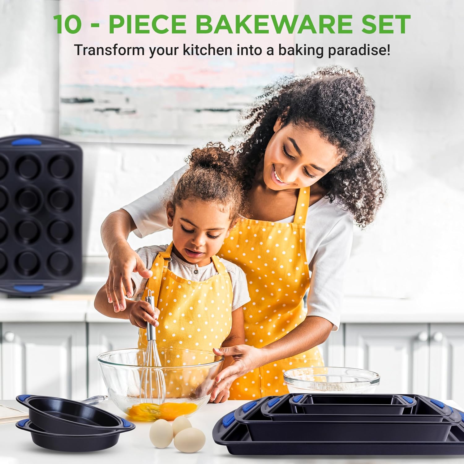 10-Piece Nonstick Bakeware Set - Heavy Duty Carbon Steel Trays w/Silicone Handles - Includes Cookie Sheets, 12-Cup