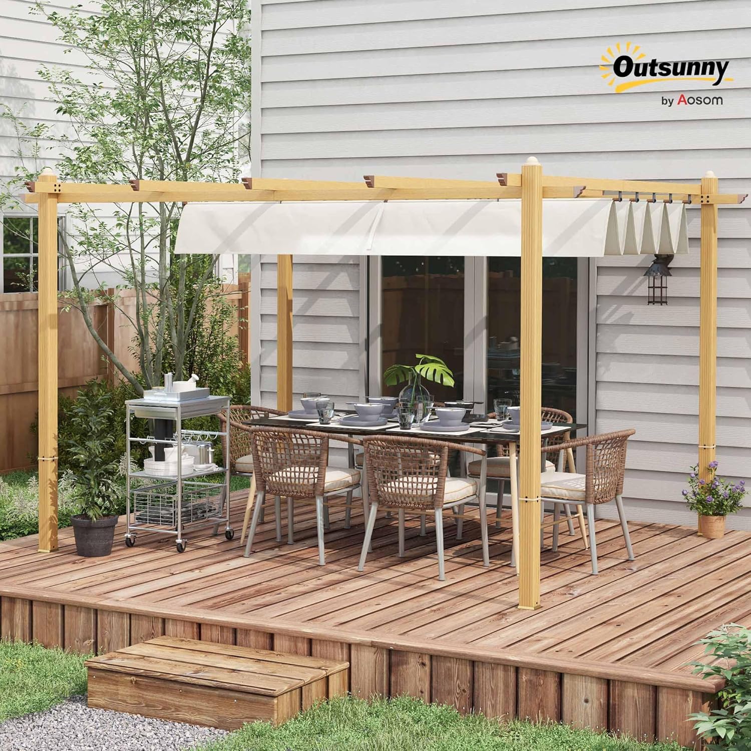 10' x 13' Retractable Pergola Canopy, Wood Grain Aluminum Pergola, Outdoor Sun Shade Shelter for Grill, Garden, Patio
