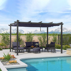 10' x 13' Aluminum Outdoor Pergola Wind-Resistant Retractable Pergola with Double Sun Shade Canopy Heavy-Duty Metal