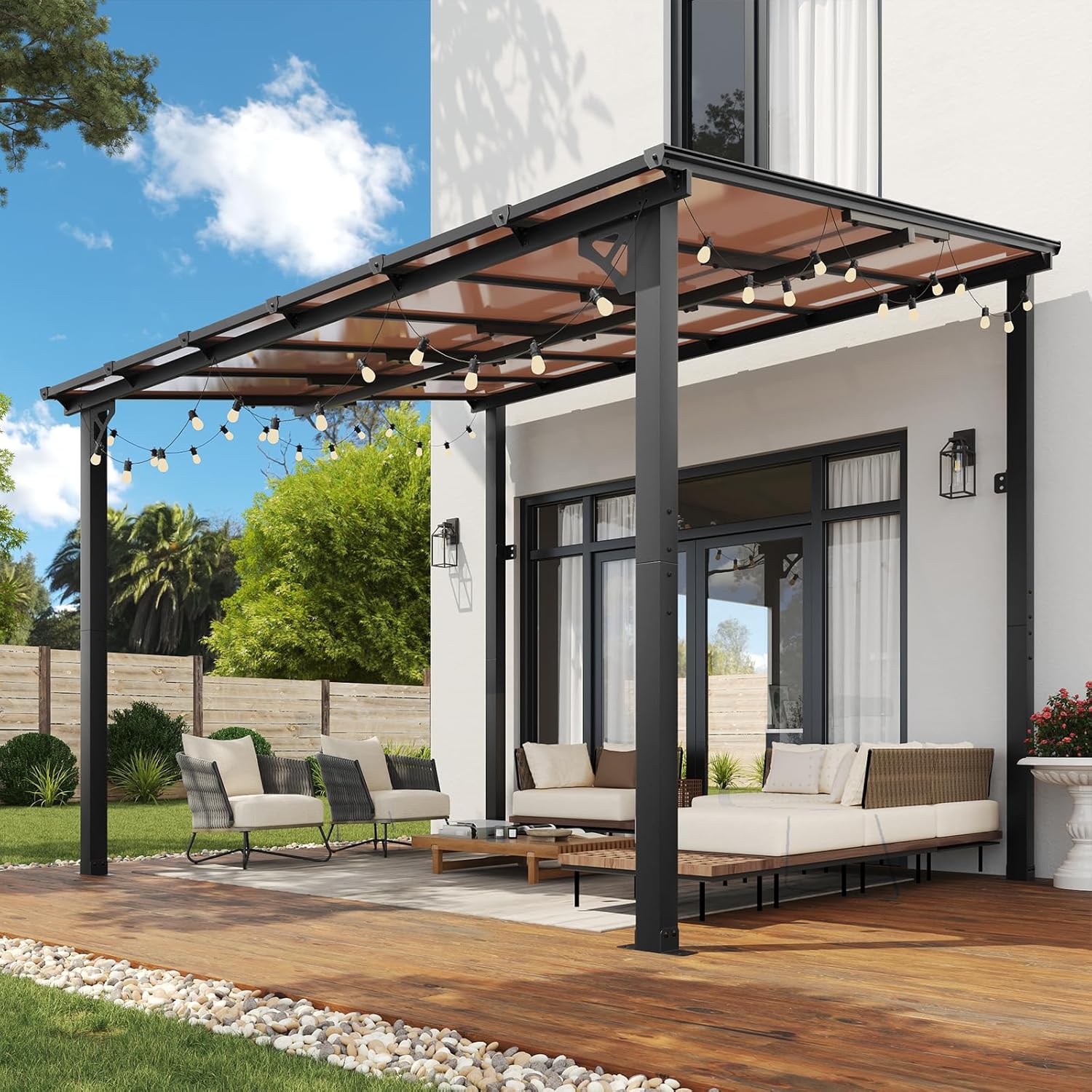 10' x 12' Gazebo, Gazebo Pergola with Sloped Roof, Large Wall-Mounted Heavy Duty Awnings