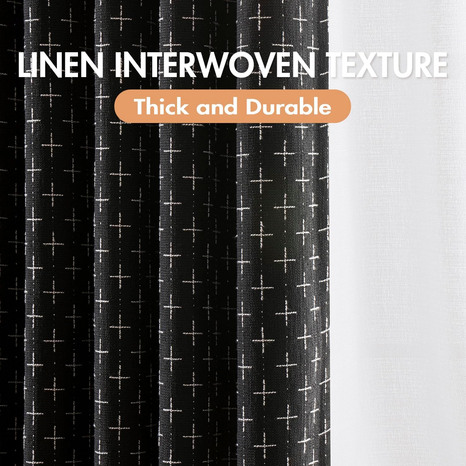 100% Blackout Decorative Linen Curtains with Geometric Pattern, Thick Woven Farmhouse Rustic Patterned Drapes with Back Tab for Bedroom and Living Room, Black, 2 Panels