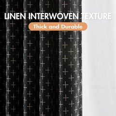 100% Blackout Decorative Linen Curtains with Geometric Pattern, Thick Woven Farmhouse Rustic Patterned Drapes with Back Tab for Bedroom and Living Room, Black, 2 Panels