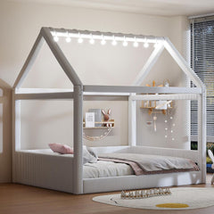 & Bright Designs Full Size Upholstered House Bed for Kids, Montessori Floor Bed with LED Light Strips, House Floor