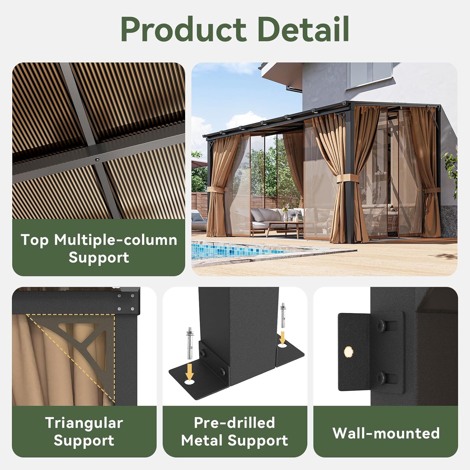 10'x12' Lean to Gazebo with Mosquito Net and Curtains, Aluminum Frame, Polycarbonate Panel