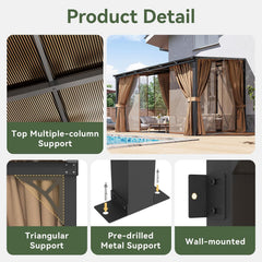 10'x12' Lean to Gazebo with Mosquito Net and Curtains, Aluminum Frame, Polycarbonate Panel