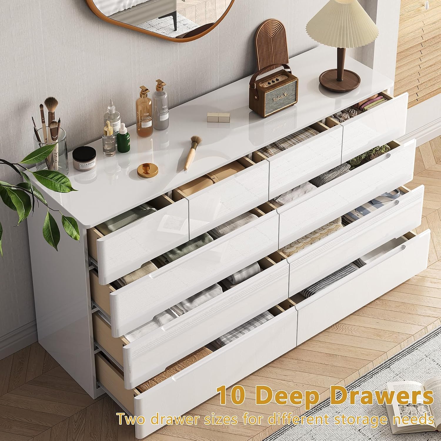 10 Drawer White Dresser , 55" Long Dresser Chest of Drawers, Large High Gloss Modern Storage Cabinet with Big Drawers