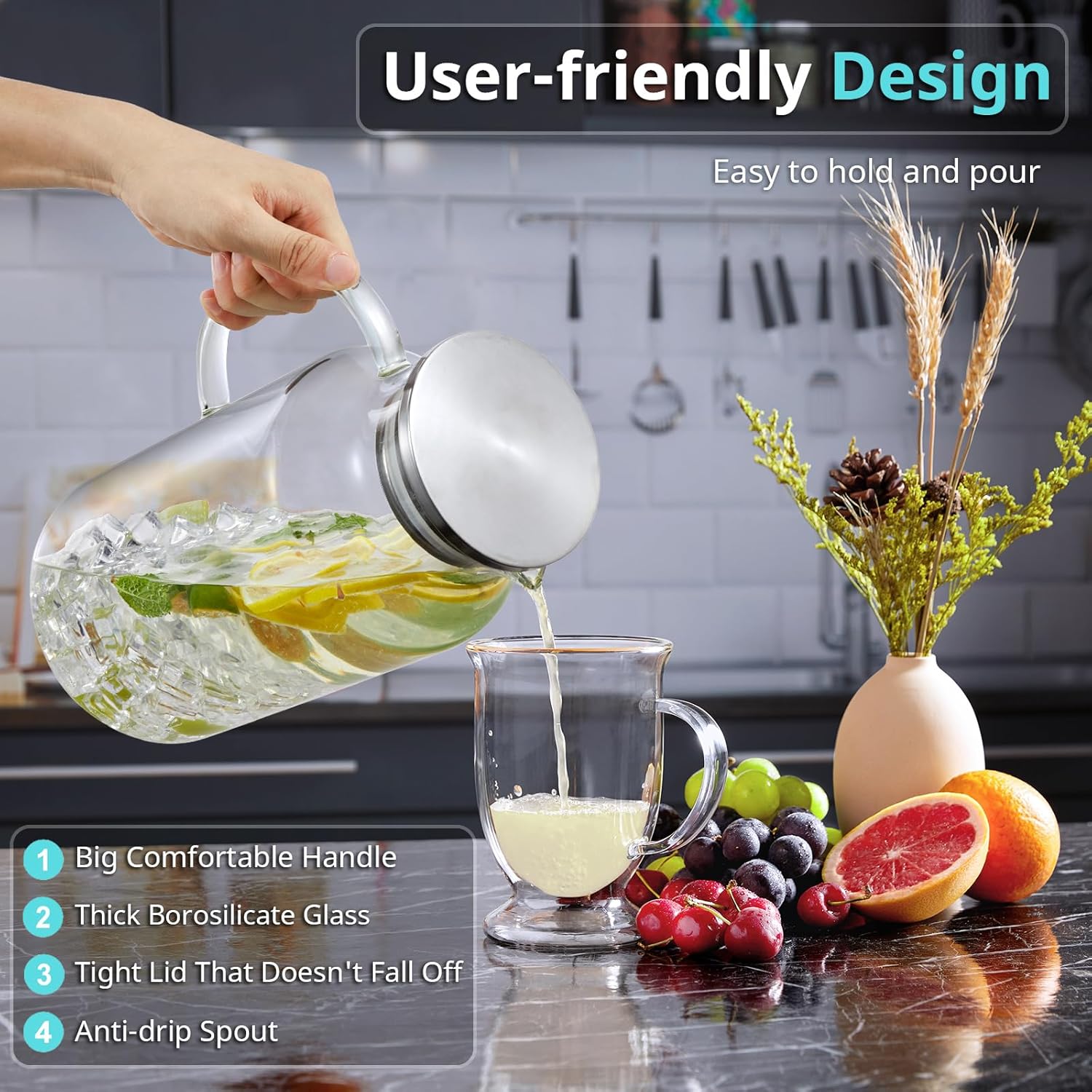 1 Gallon Glass Pitcher with Lid and Handle, Water Pitcher for Fridge, Glass Carafe for Hot/Cold Water, Large Iced Tea