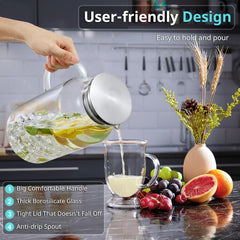1 Gallon Glass Pitcher with Lid and Handle, Water Pitcher for Fridge, Glass Carafe for Hot/Cold Water, Large Iced Tea