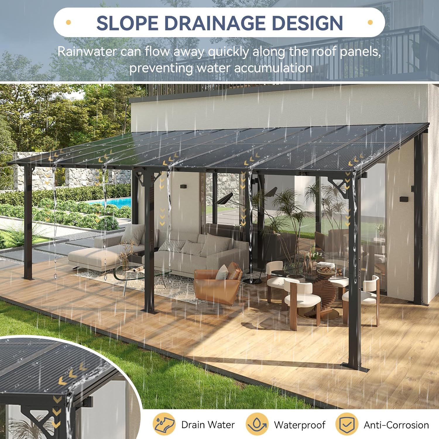 10' x 20' Lean to Gazebo, Hardtop Metal Gazebo Pergola with Polycarbonate Roof, Large Wall Mounted Heavy Duty Awnings
