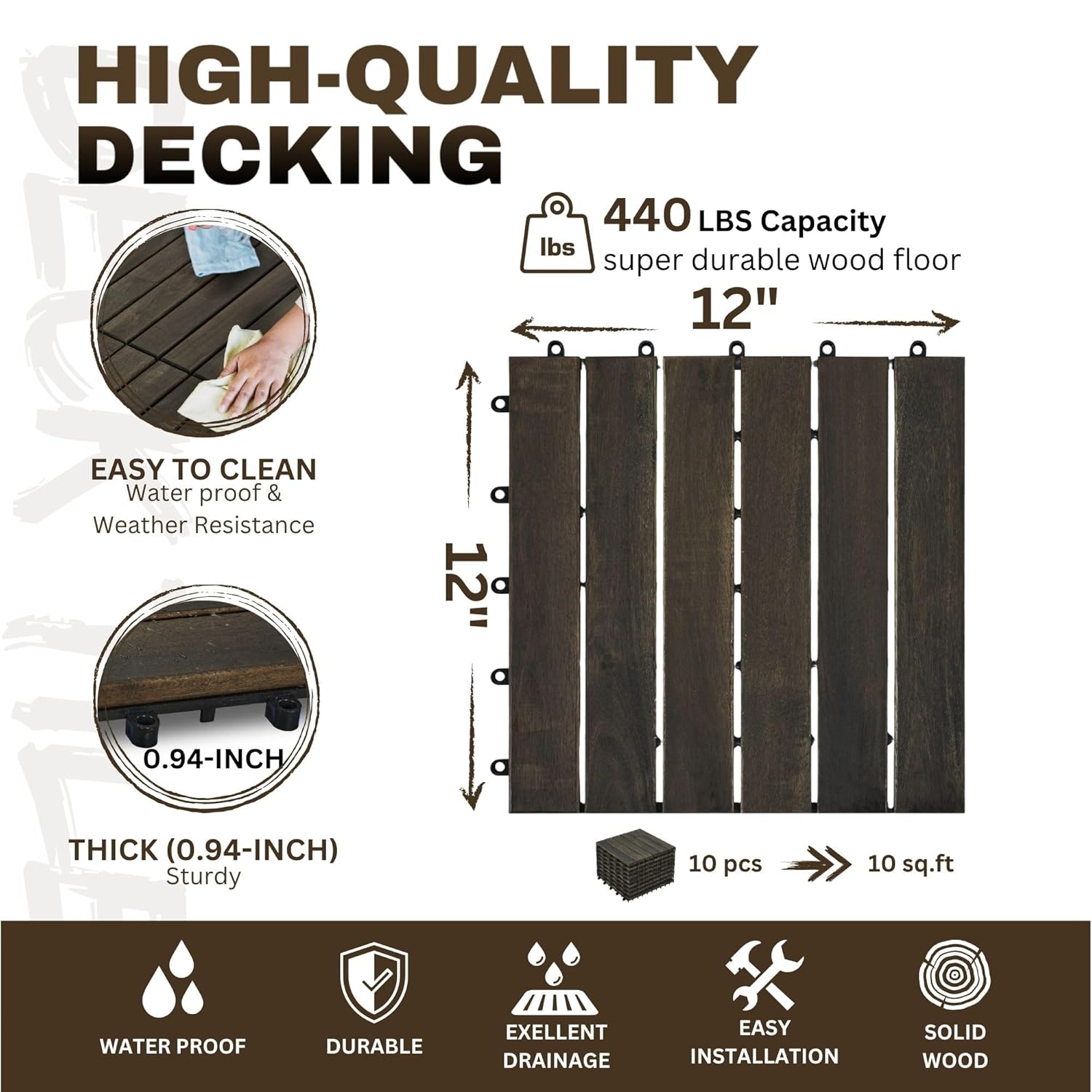 10/30 PCS Interlocking Deck Tiles Striped Pattern, 12" x 12" Dark Brown Square Acacia Hardwood Outdoor Flooring for Patio, Bancony, Pool Side (10)
