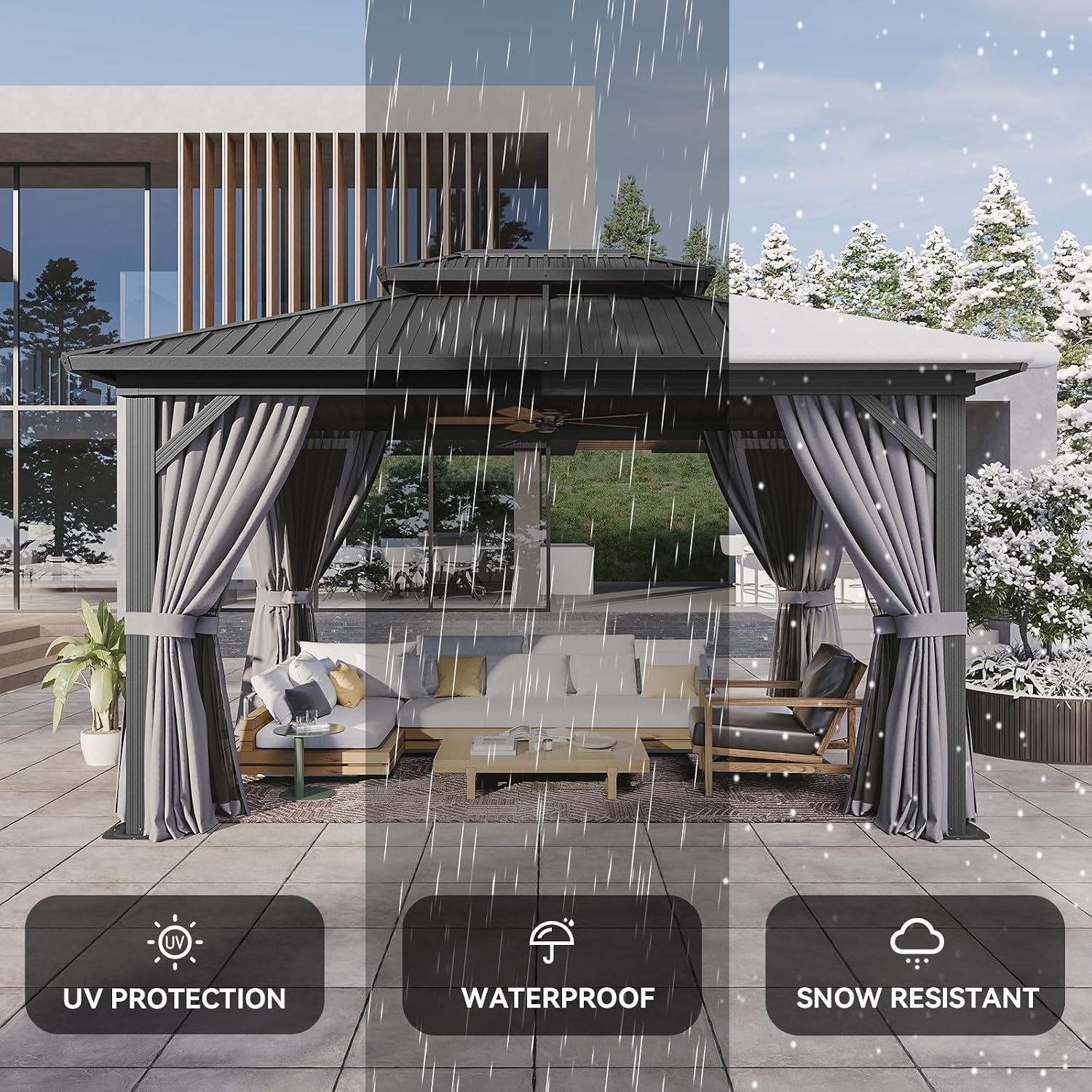 10'x14' Hardtop Gazebo, Metal Frame Canopy with Double Galvanized Steel Roof, Outdoor Metal Pavilion with Netting