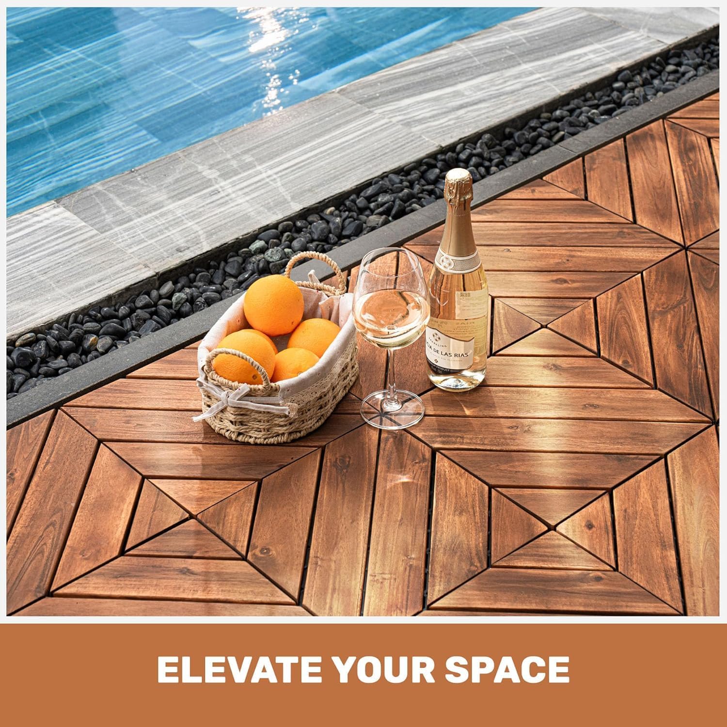 10 PCS Interlocking Deck Tiles, 12" x 12" Acacia Wood Patio Tiles with Diagonal Pattern, Weather-Resistant Snap