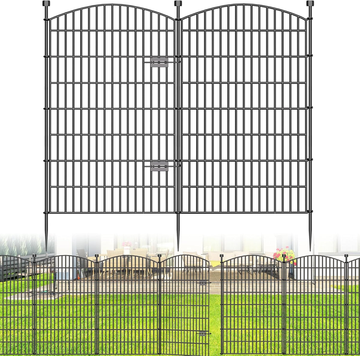 10 Panels No Dig Decorative Garden Fence with Gate - 48 in (H) x 22.6 ft (L), Dog Fence Outdoor for Yard, Rustproof