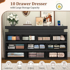 10 Drawer Dresser , 63" Wide 34" Tall Drawer Organizer Cabinet with LED Light and Charge Station, Modern Chest of