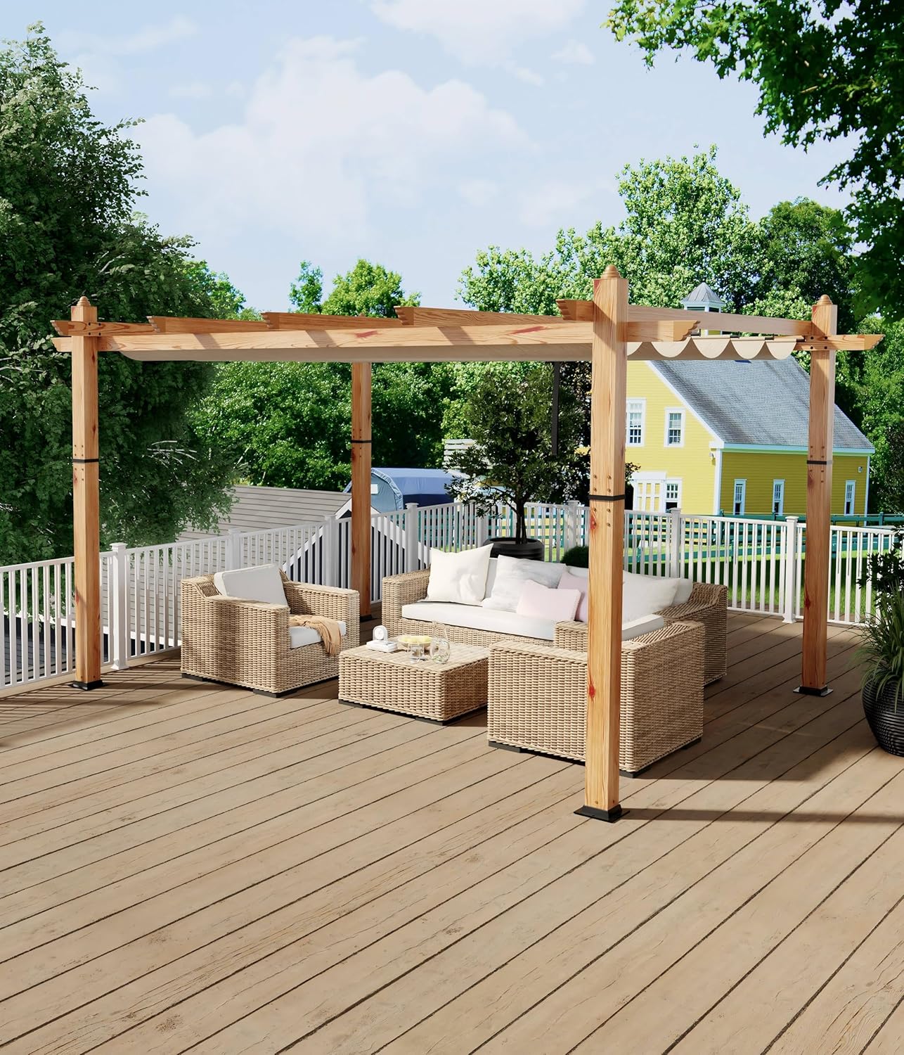 10 x 13 ft Wood-Grain Aluminum Pergola Outdoor Pergola with Retractable Canopy Sun Shade Shelter for Garden