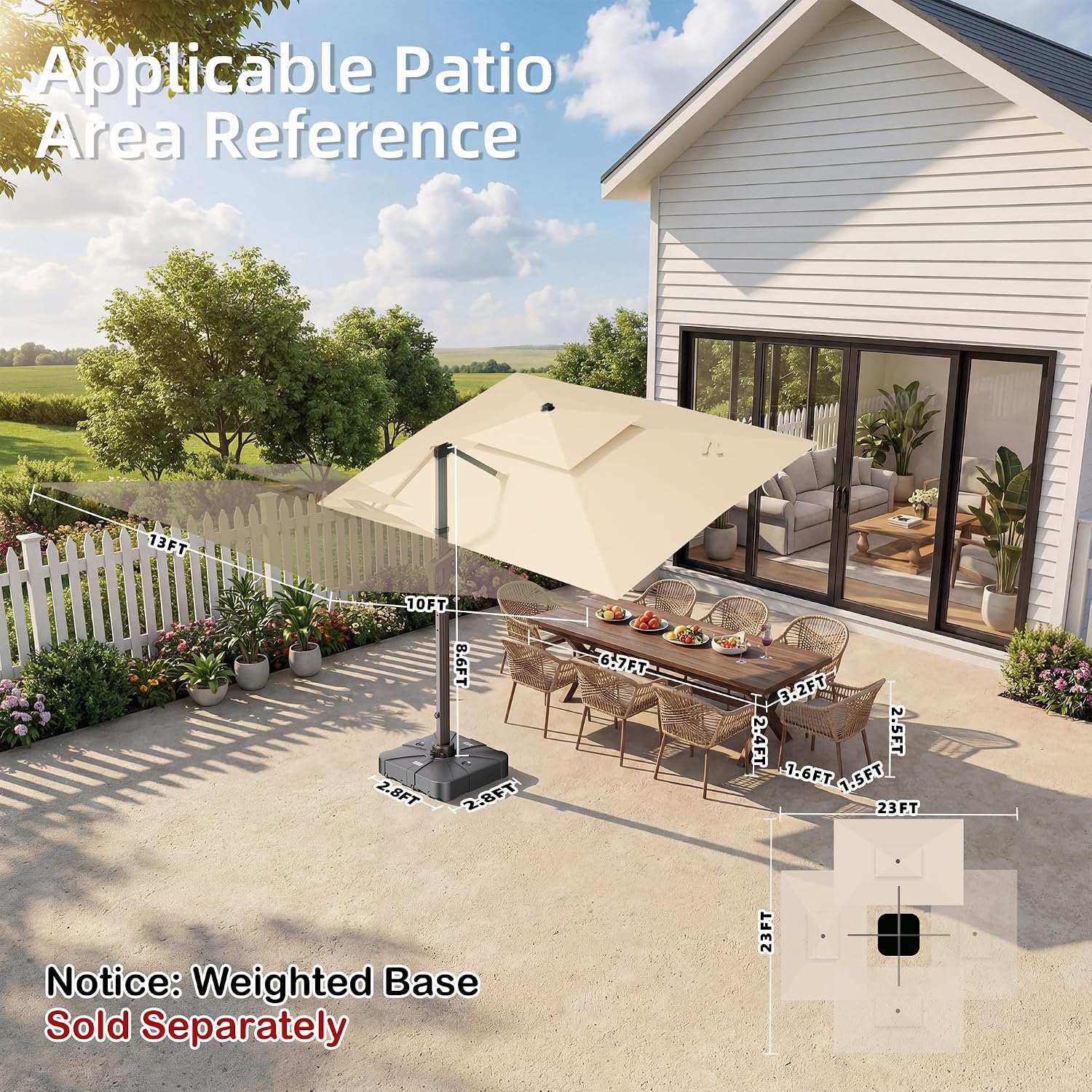 10' X 13 'Patio Umbrella with LED Lights Outdoor Cantilever Large Rectangle Offset Umbrellas Heavy Duty Aluminum Double