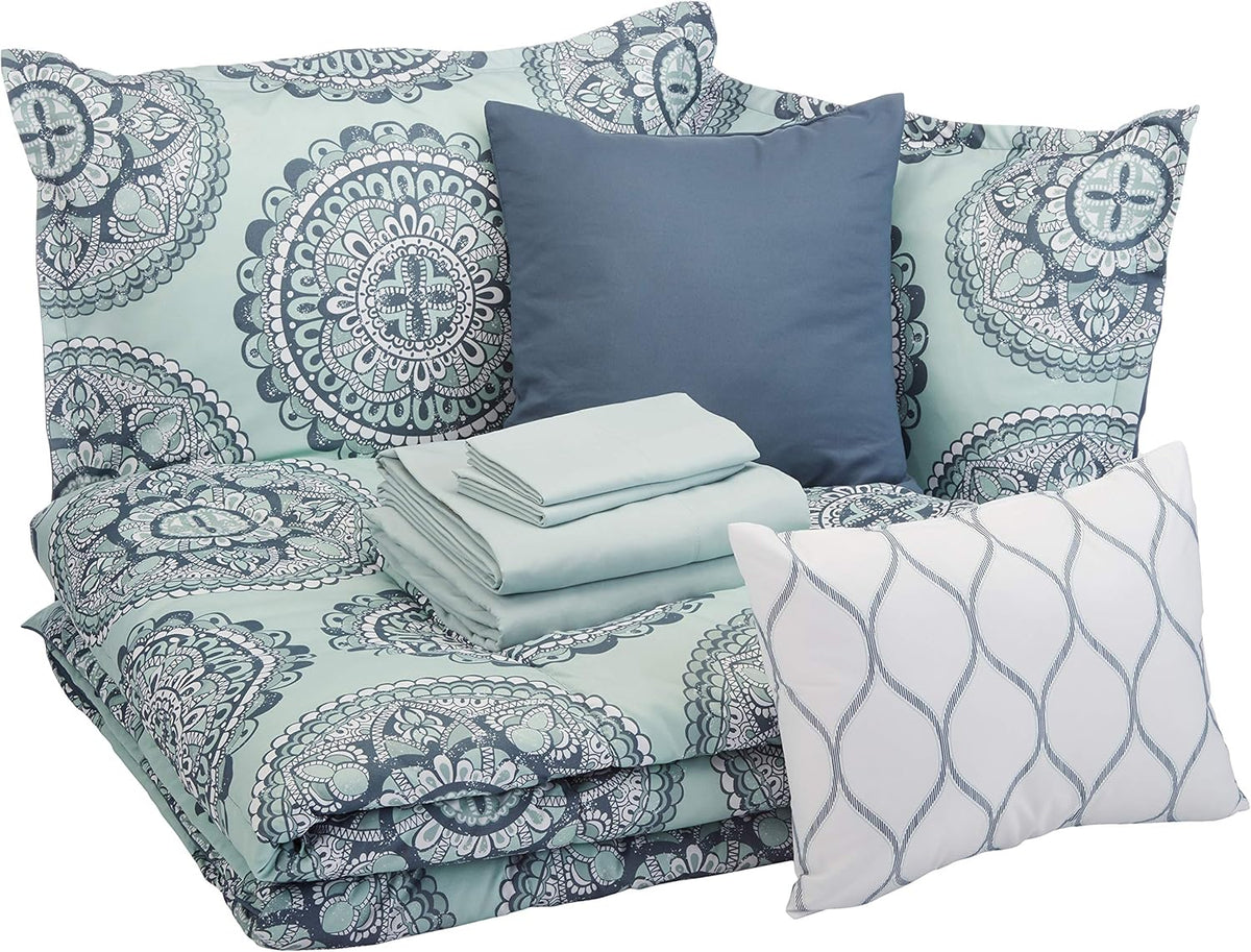 10-Piece Bed-in-a-Bag Comforter Set, Soft, Lightweight Microfiber, Full/Queen, Sea Foam Medallion