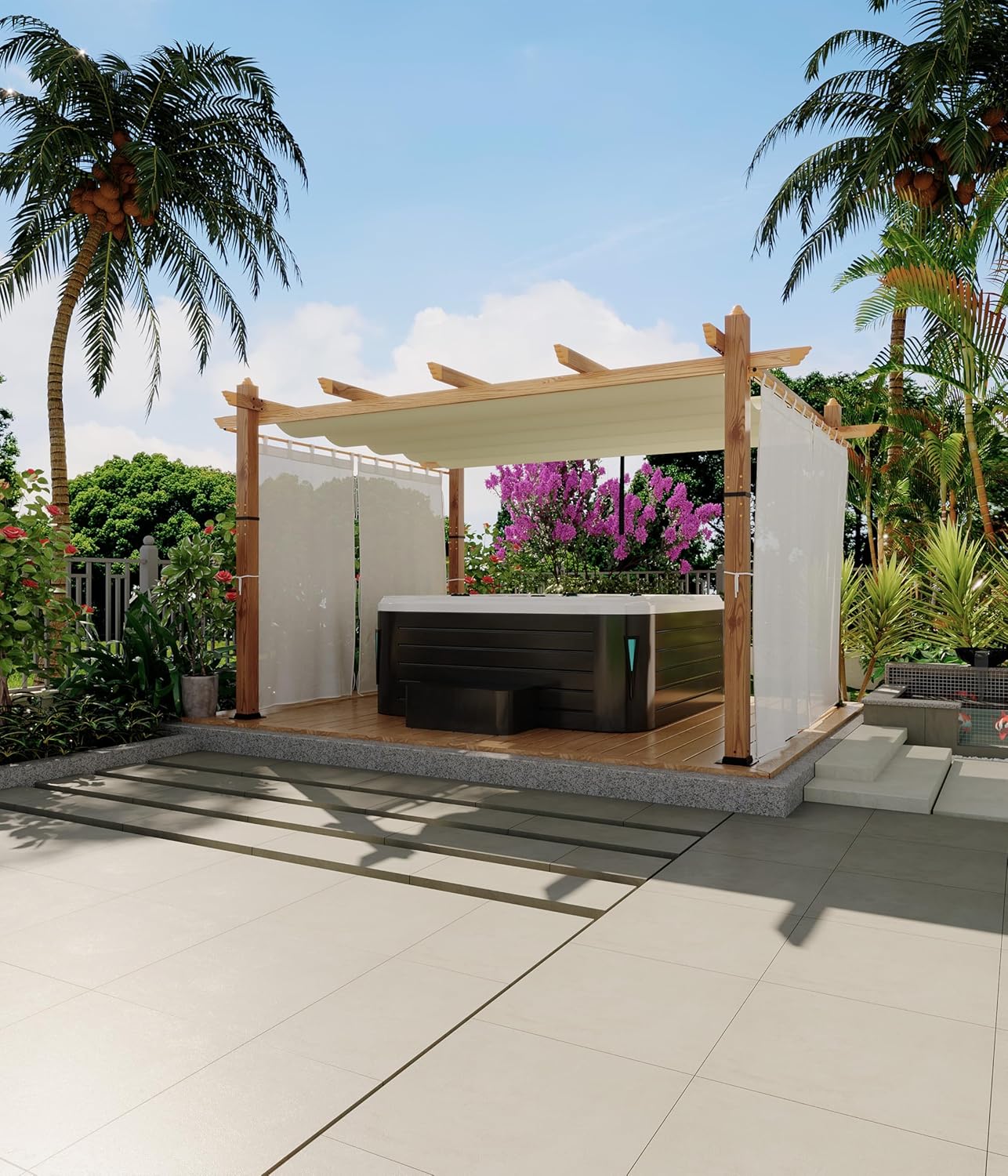 10 x 13 ft Wood Grain Aluminum Pergola with Retractable Canopy & Netting, Outdoor Sun Shade Shelter for Patio, Garden