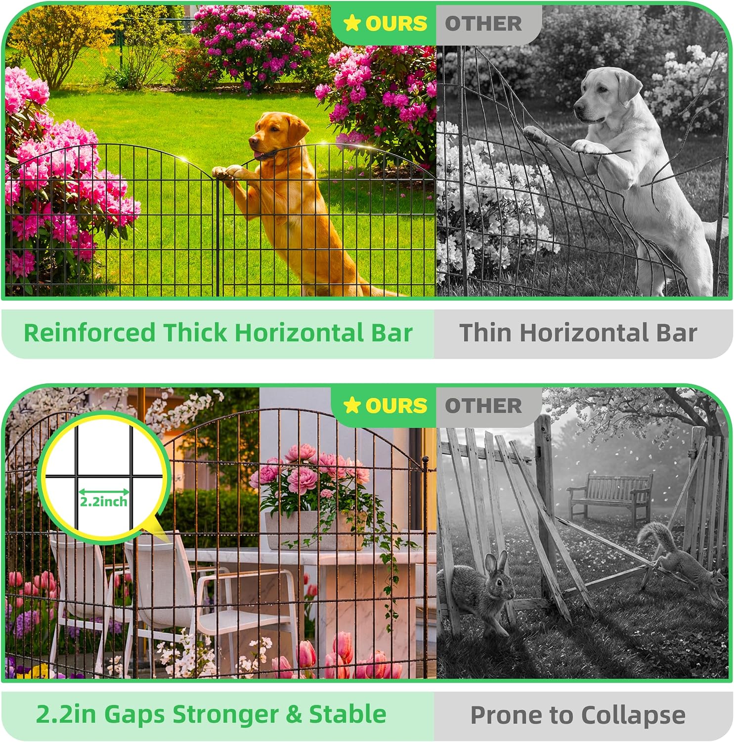 10 Panels Arched No Dig Decorative Garden Fence with Gate, 40in(H) x 25.0ft(L) Dog Fence Outdoor for Yard, Rustproof
