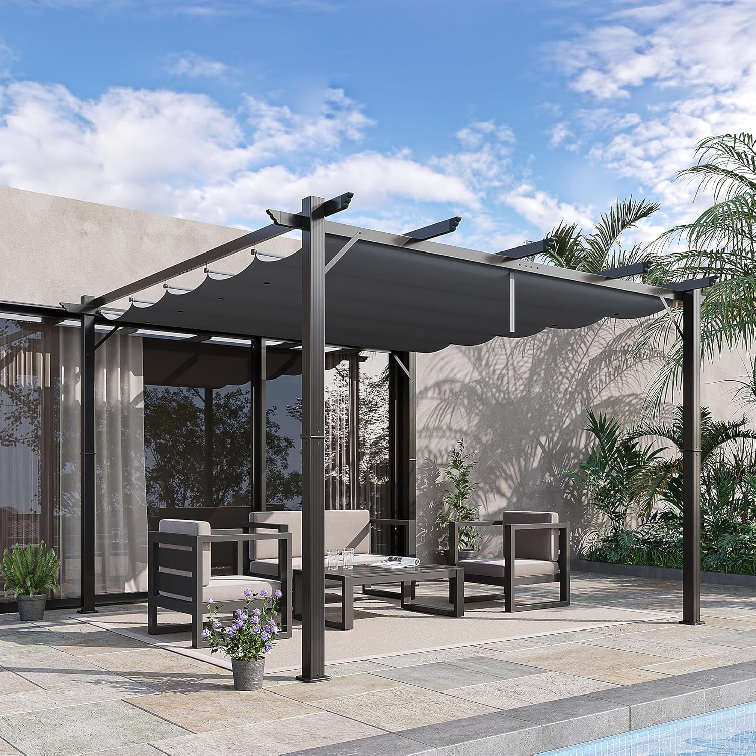 10' x 10' Aluminum Patio Pergola with Retractable Pergola Canopy, Backyard Shade Shelter for Porch, Outdoor Party