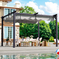 10'x12' Outdoor Pergola with Retractable Canopy, Patio Metal Heavy-Duty Gazebo Shelter