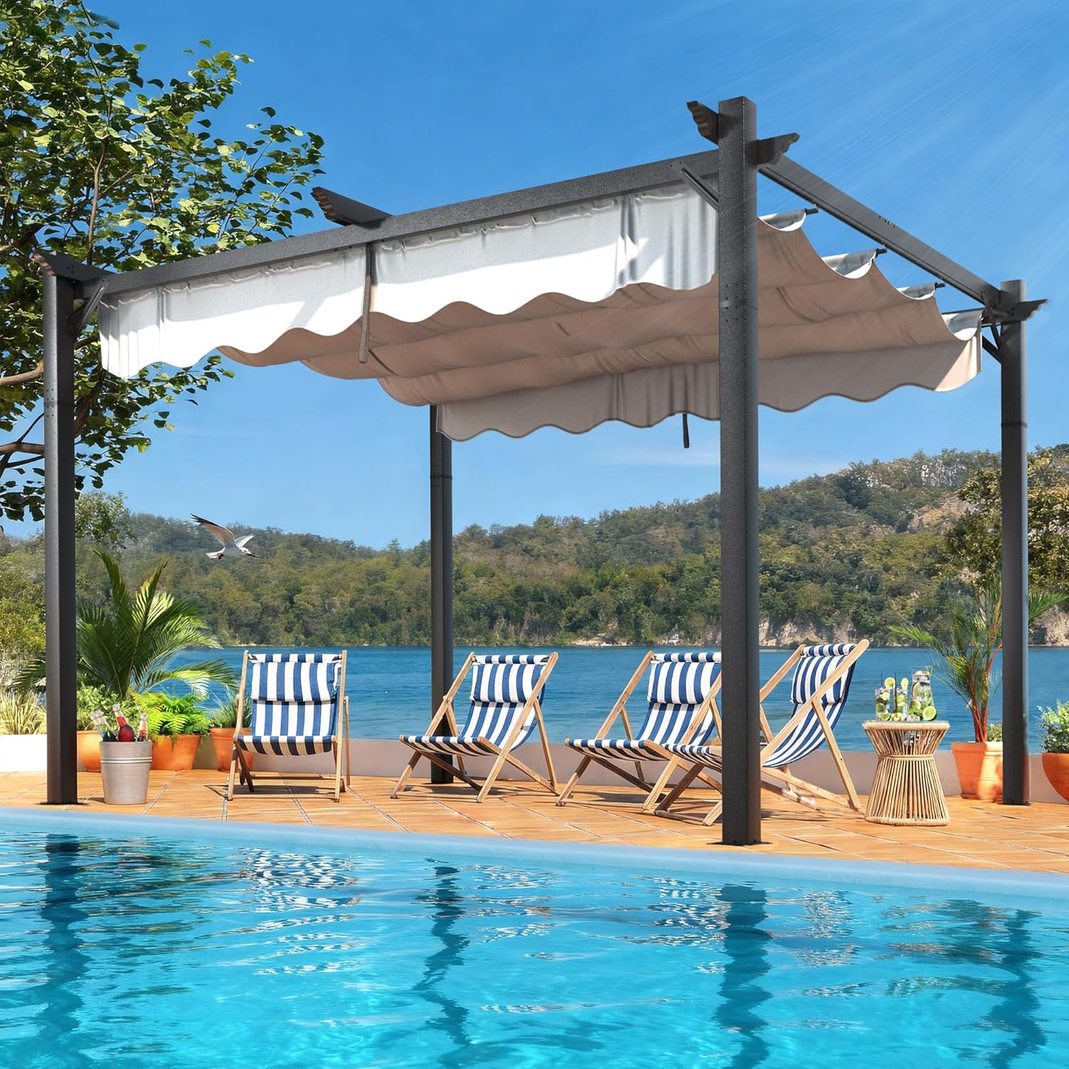 10'x12' Outdoor Pergola with Retractable Canopy, Patio Metal Heavy-Duty Gazebo Shelter