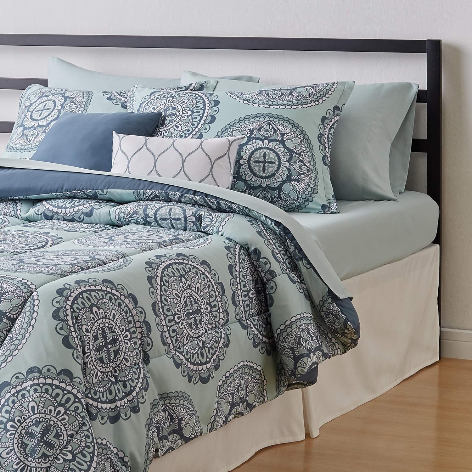 10-Piece Bed-in-a-Bag Comforter Set, Soft, Lightweight Microfiber, Full/Queen, Sea Foam Medallion