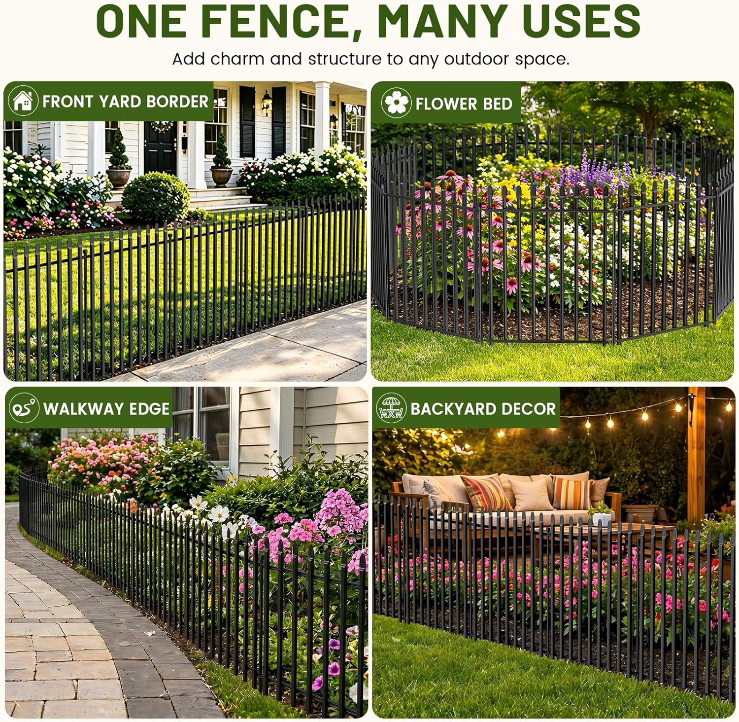 10 Panels No Dig Decorative Garden Fence, 32in(H)×22ft(L) Heavy-Duty Rustproof Metal Panels, Outdoor Dog Barrier for
