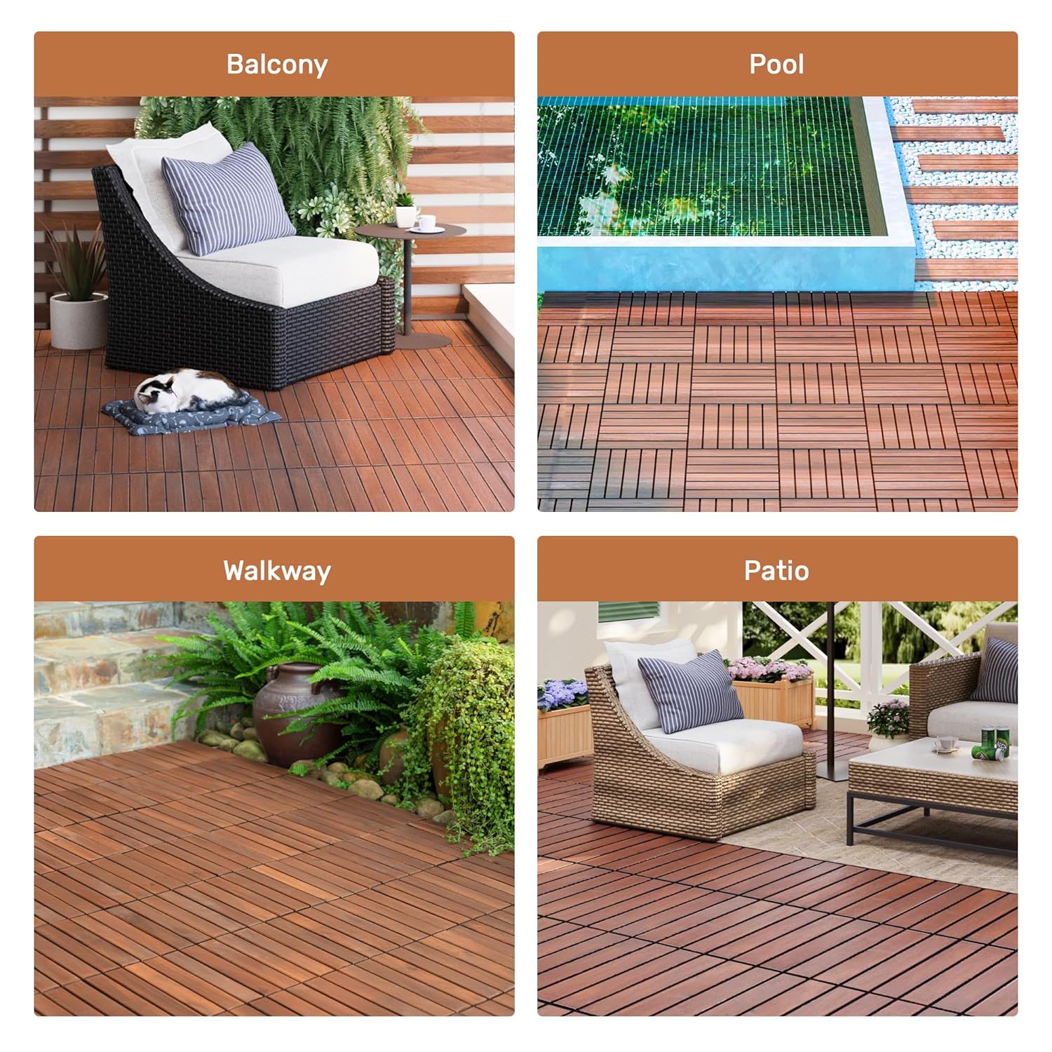 10 Pack Acacia Wood Interlocking Deck Tiles, 12x12 Outdoor Flooring, Non-Slip & Weather Resistant, Easy DIY Patio Tiles