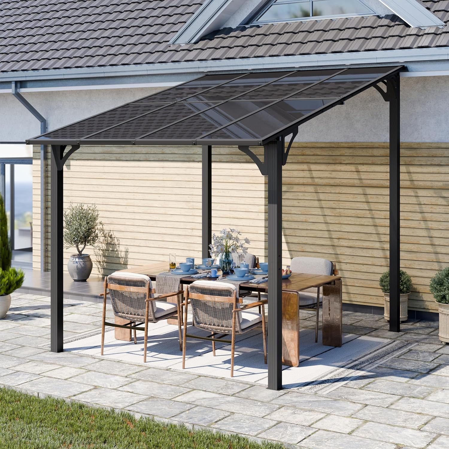 10'x 8' Gazebo on Clearance,Hard Top Lean to Gazebo Pergola with UV Protection Roof,Large Wall-Mounted Heavy Duty