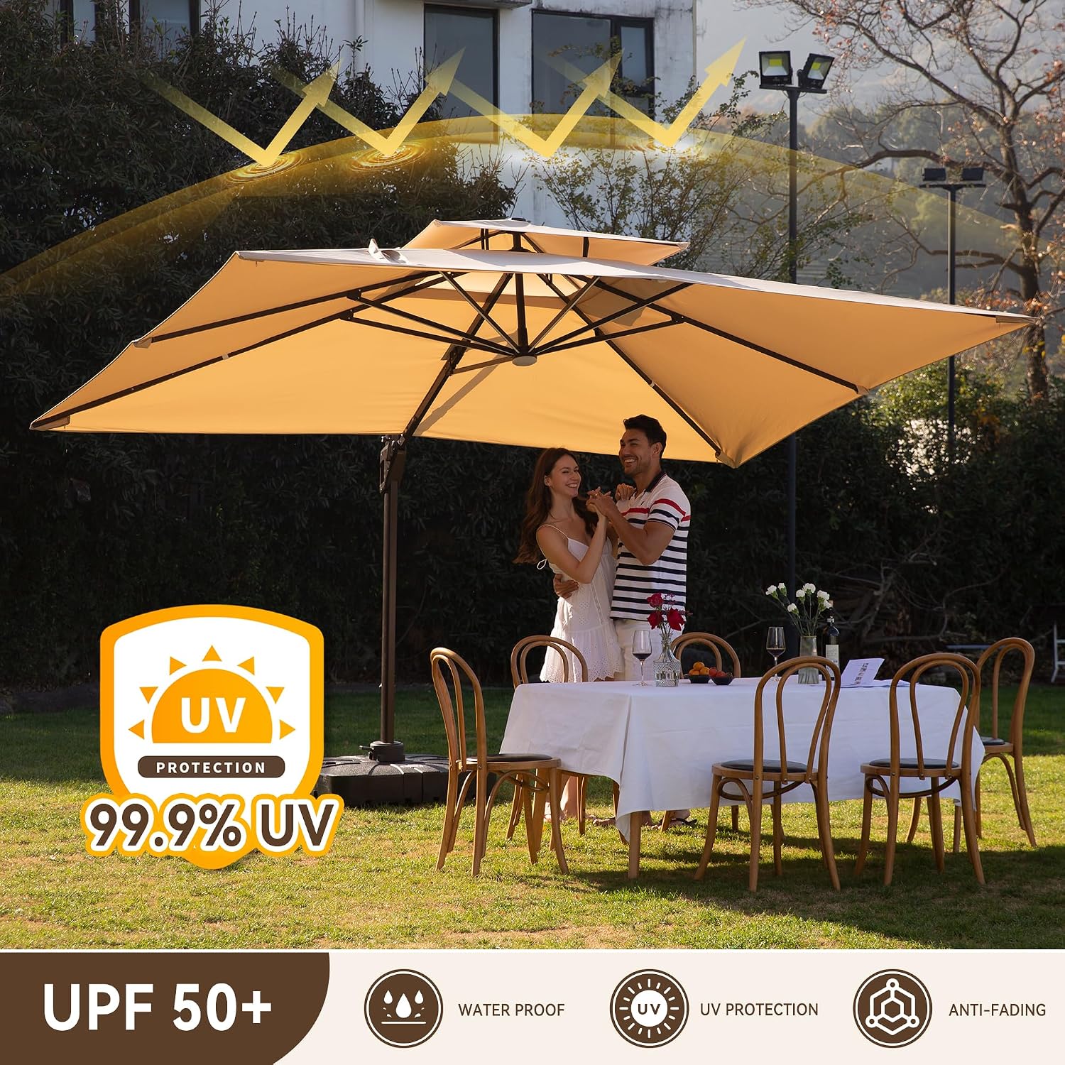 10 X 13 FT Cantilever Outdoor Patio Umbrella with LED Lights Large Heavy Duty 360° Rotation Double Top Offset