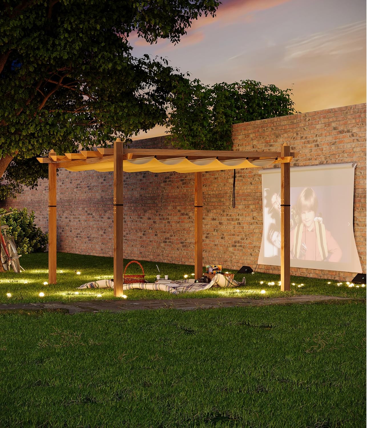 10 x 13 ft Wood-Grain Aluminum Pergola Outdoor Pergola with Retractable Canopy Sun Shade Shelter for Garden